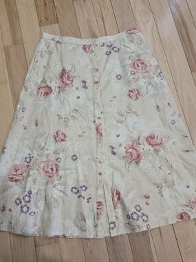 90s Vintage Ralph Lauren Cream A-Line Midi Skirt with Floral Print